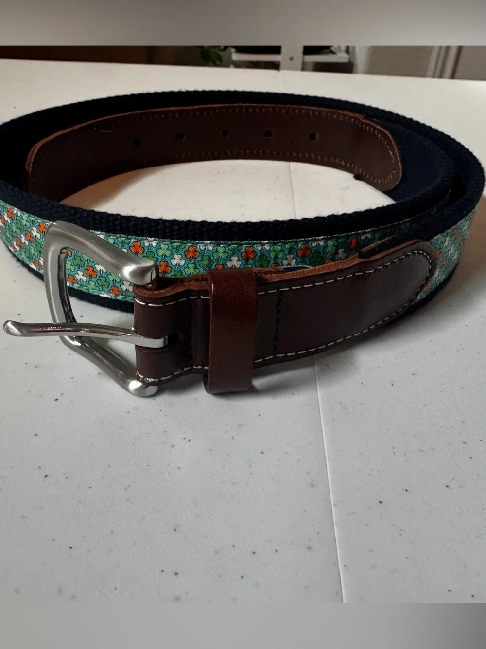 Men's clover Pattern Canvas Belt with Brown Leather Trim silk and leather
